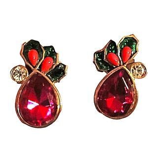 80s Vintage Avon Earrings Big Ruby Red Stone Glitter Green Leaves Rhinestones